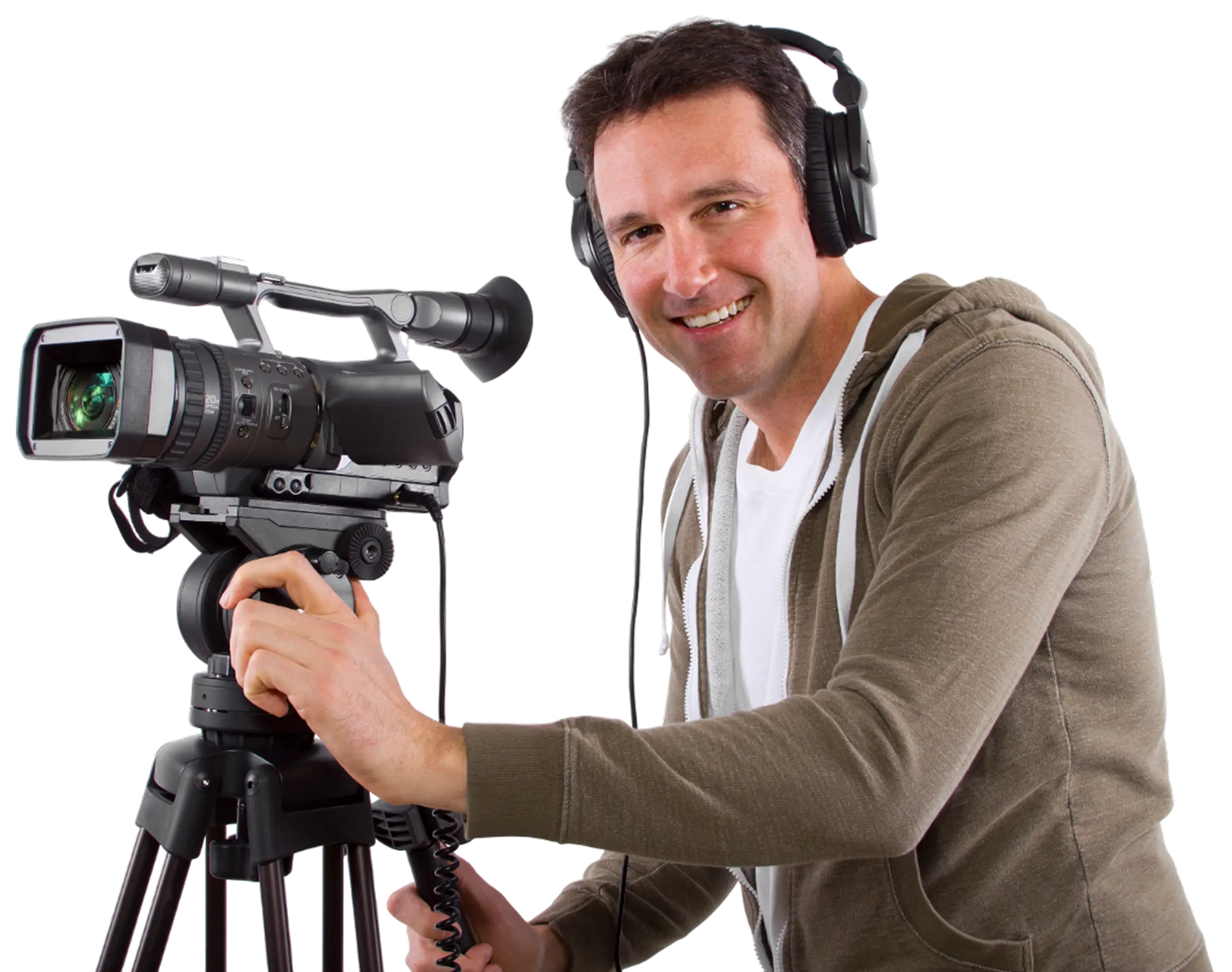 VKTWA Smiling person operating a professional video camera.